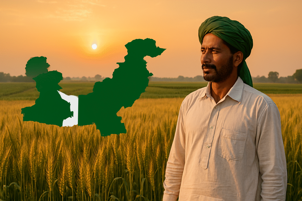 Agriculture in Pakistan vs USA – visual of a Pakistani farmer in a wheat field at sunrise, representing yield and technology differences between both countries.