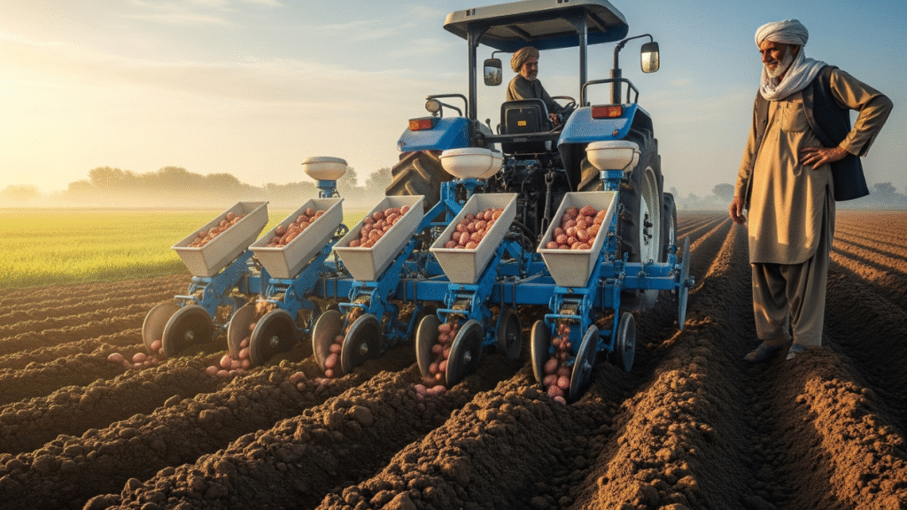 Potato in Pakistan - modern planter sowing seed potatoes in field