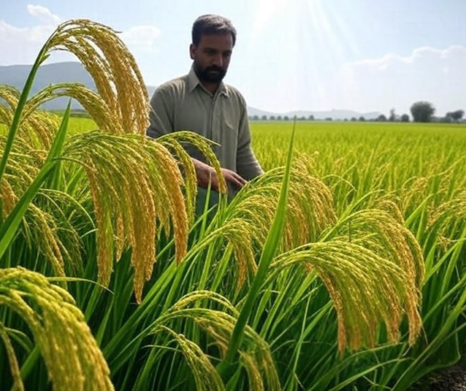 Rice in Pakistan 2025 – lush paddy field with farmer and irrigation view
