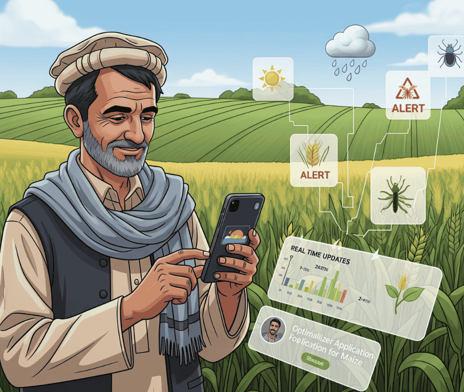 Farmer using smartphone to access crop advisory and updates in a green agricultural field with weather and pest icons