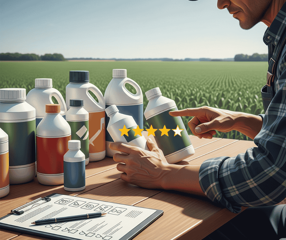 Agronomist reviewing agricultural products like fertilizers and pesticides on a farm with rating stars and checklist