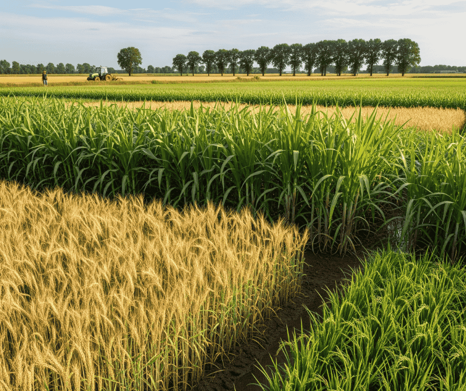 Agriculture field with healthy wheat, maize, sugarcane, and rice crops growing under clear sky in Pakistan