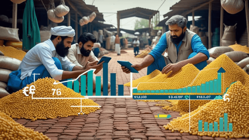 Agriculture market insights in Pakistan showing farmers using digital tools to analyze crop prices in a local mandi