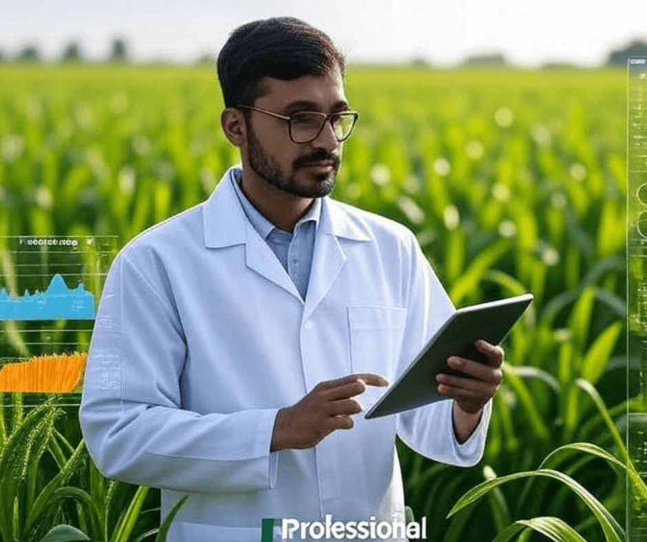 Agricultural expert analyzing crops in a Pakistani field with digital insights and climate data