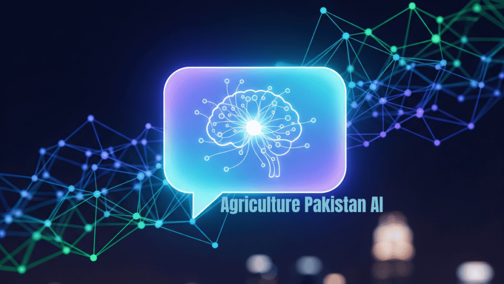 Agriculture Pakistan AI digital illustration showing a glowing brain icon inside a chat bubble, representing advanced artificial intelligence technology for smart farming solutions.