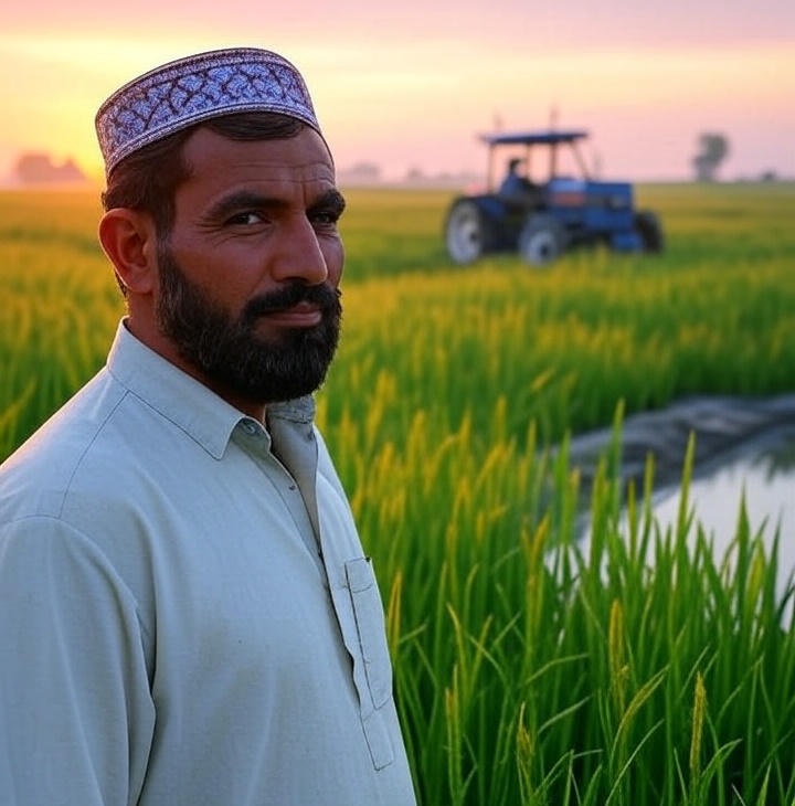 Pakistani farmer in a green wheat field at sunrise with tractor and irrigation — Agriculture in Pakistan