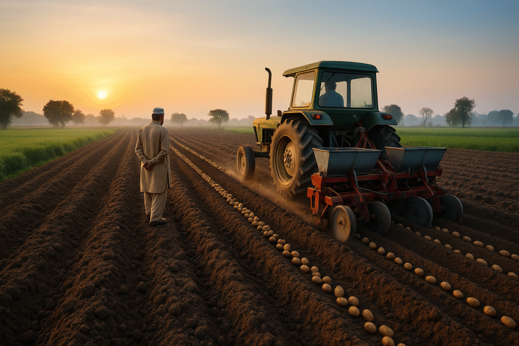 A Pakistani farmer supervises mechanized potato planting at sunrise, showcasing modern techniques in cultivating one of the major crops in Pakistan.