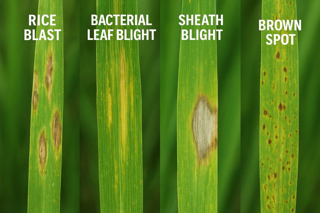 Diseases of Rice in Pakistan with close-up comparison of infected leaves showing symptoms and disease names