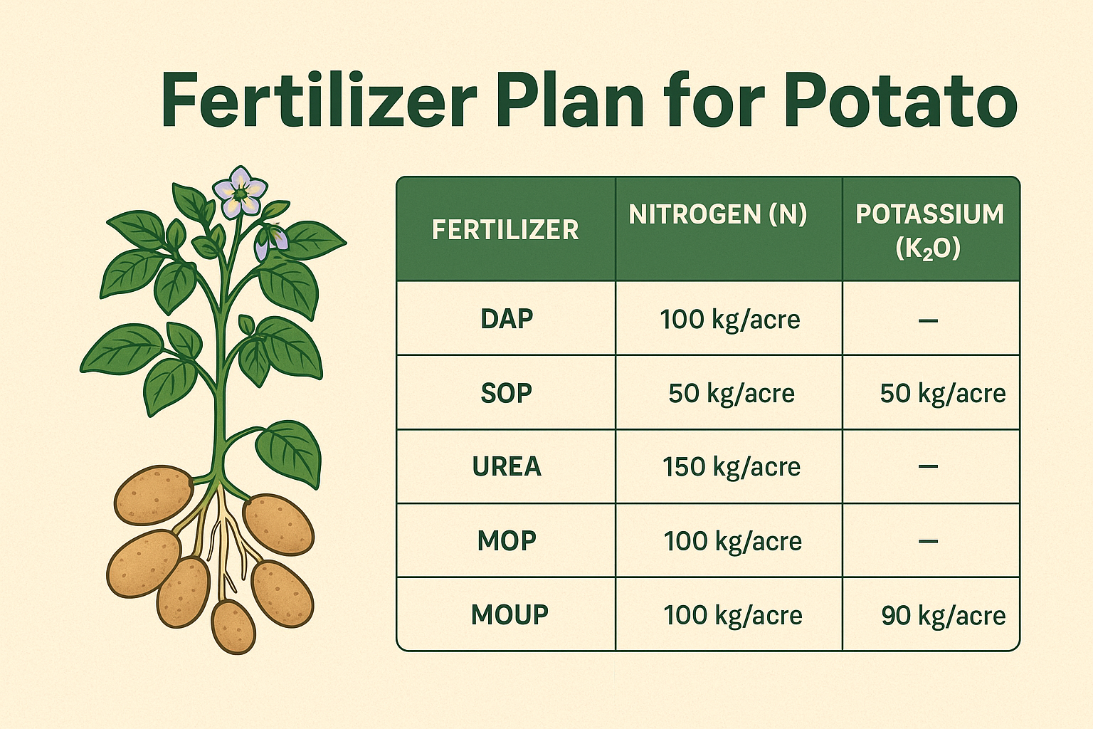 Fertilizer Plan for Potato – Advanced variety-wise fertilizer schedule showing nutrient requirements for Esme, Santa, Lady Rosetta, Asterix, Hermes, Alverstone, Mozika, Red Bullet, and Adison potatoes."