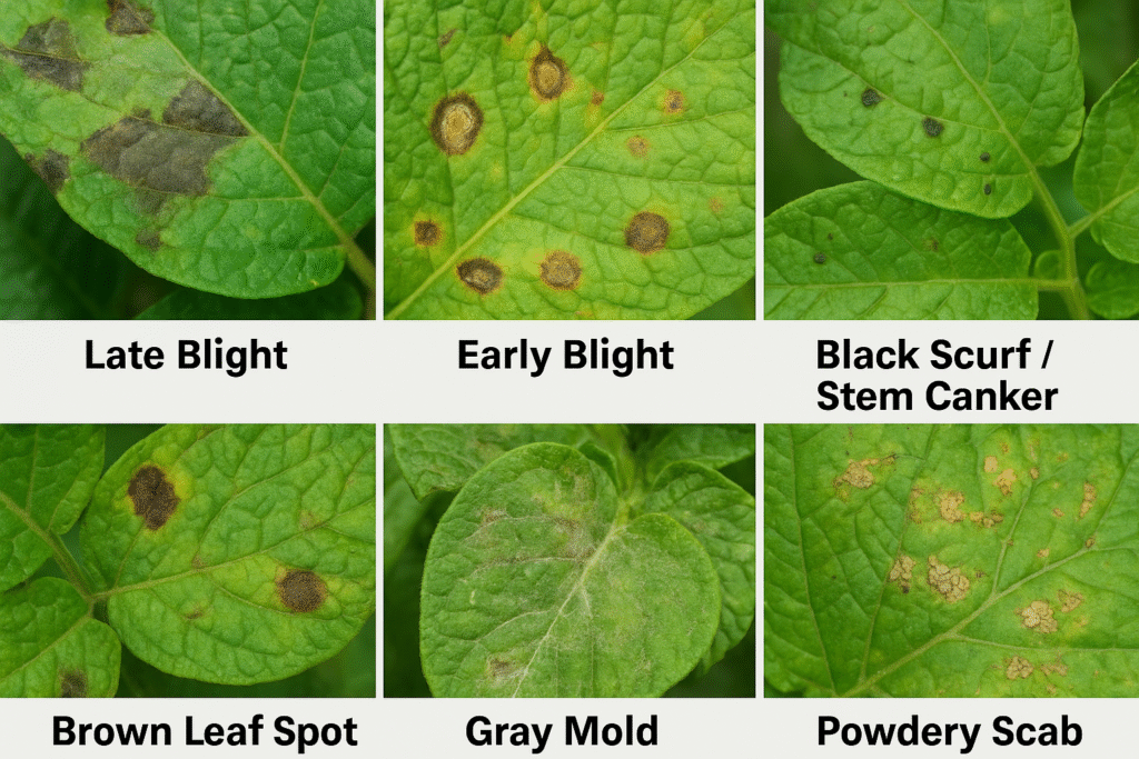 Close-up images of potato diseases including Late Blight, Early Blight, Black Scurf, Brown Leaf Spot, Gray Mold, Powdery Scab, Bacterial Wilt, Soft Rot, and Common Scab with labeled names for identification – diseases of potato.