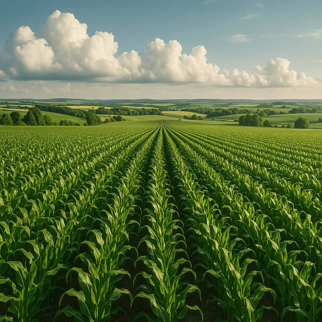 A lush green agricultural landscape with rows of healthy corn plants under a vibrant sky — representing modern agriculture in full bloom.