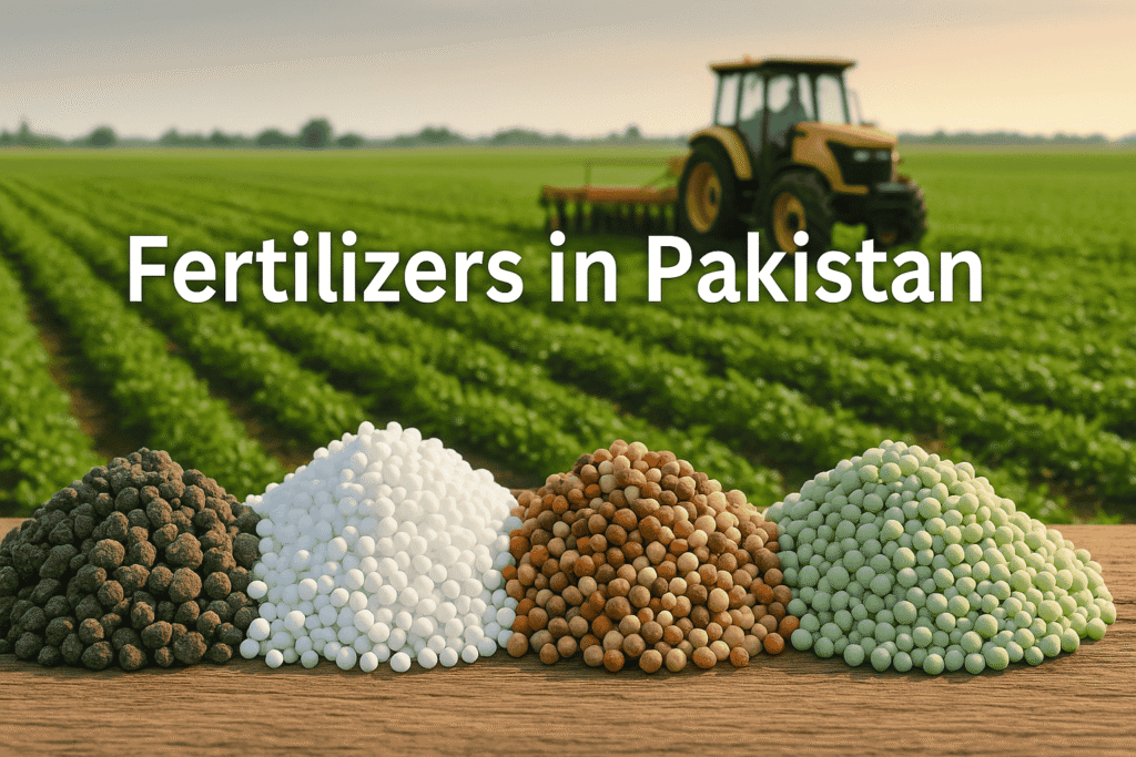 A variety of Fertilizers in Pakistan including urea, DAP, and micronutrients displayed on a farm table with wheat fields in the background.