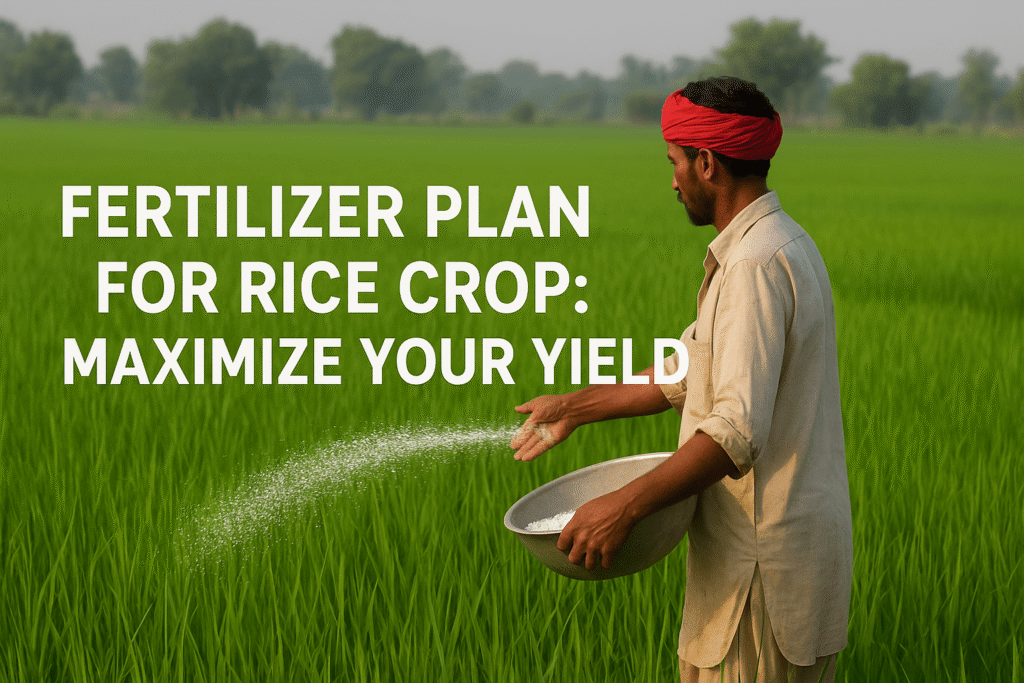 Pakistani farmer applying fertilizer in a lush green rice field – Fertilizer Plan for Rice Crop