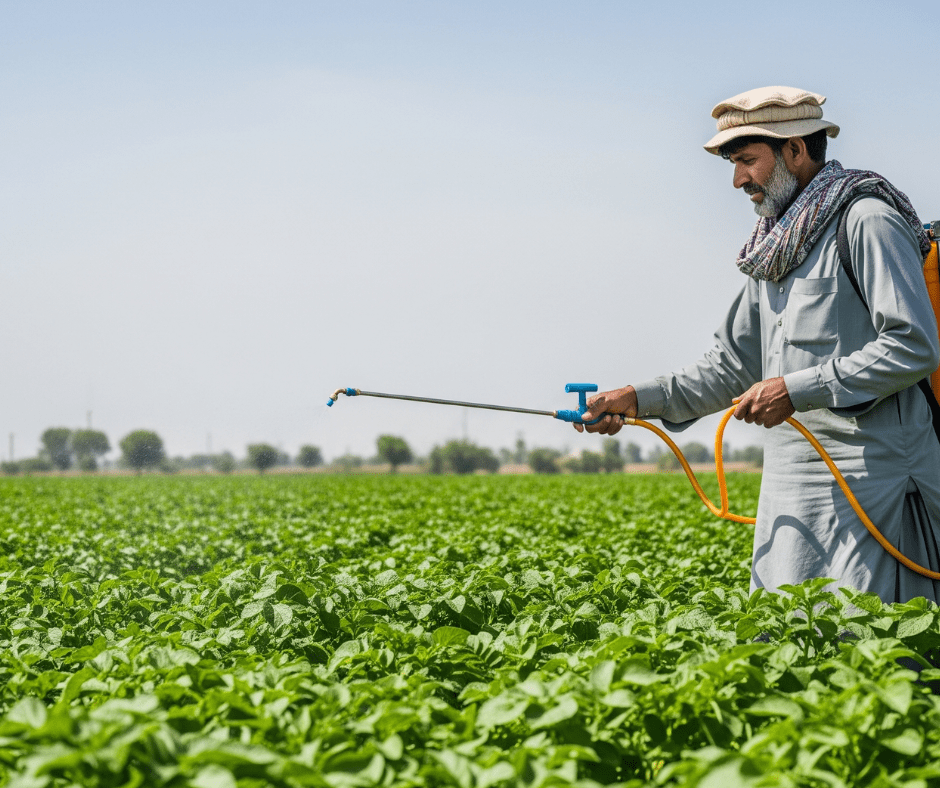 Pakistani farmer spraying pesticides in a lush green field — agriculture in Pakistan.