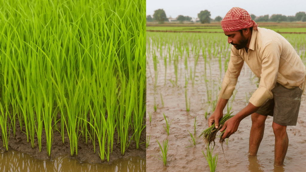 Rice nursery preparation and transplanting process in Pakistan showing healthy seedlings and traditional farming practices