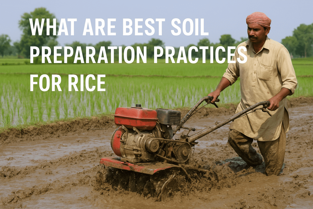 Pakistani farmer using a rotary tiller in a flooded paddy field, demonstrating what are Best Soil Preparation Practices for Rice.