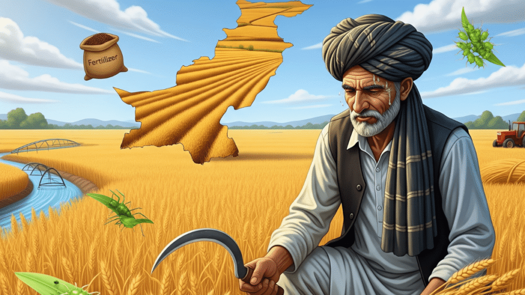 A Pakistani farmer harvesting wheat by hand with a sickle in a golden wheat field.