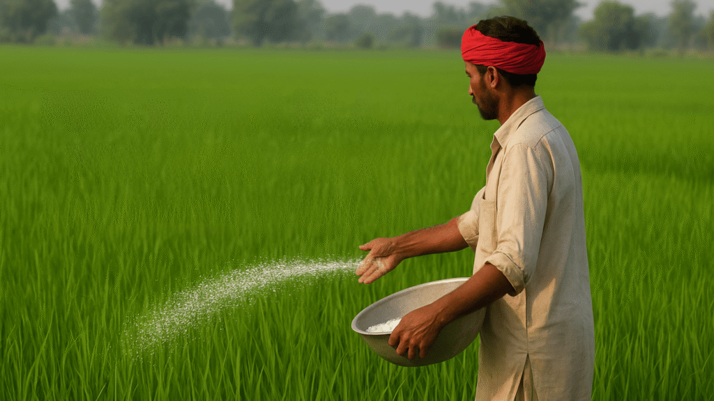 Pakistani farmer applying fertilizer in a lush green rice field – Fertilizer Plan for Rice Crop