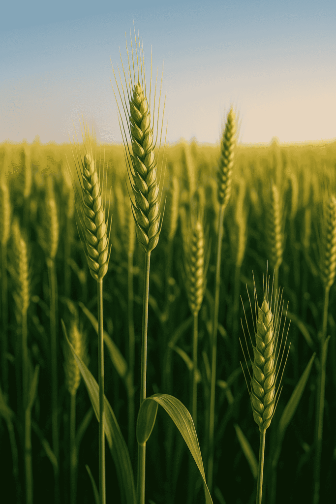 Wheat in Pakistan growing in lush green fields under clear sky with mature golden spikes.
