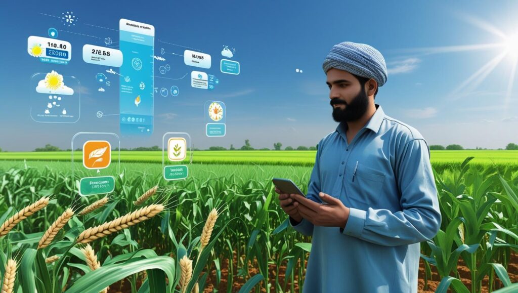 Agriculture in Pakistan showing a farmer using digital crop advisory tools in a green wheat and maize field